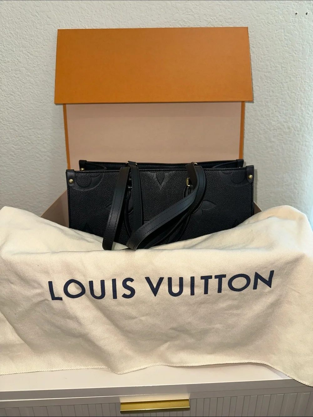 Louis Vuitton Navy Embossed Monogram Tote with Gold Tone Hardware